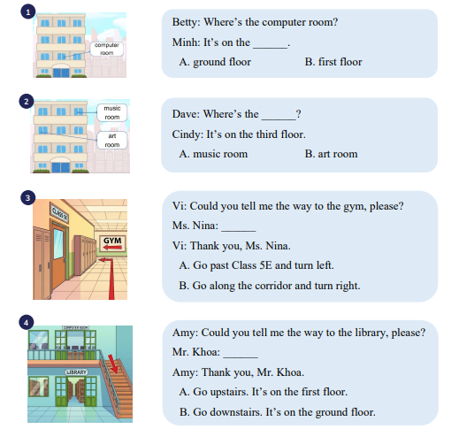 Look, read and circle.     Betty: Where’s the computer room?   Minh: It’s on the ______. 	A. ground floor	B. first floor (ảnh 1)