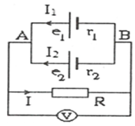 Cho mạch điện như hình vẽ. Trong đó e1 = 2V; r1 = 0,1 omega ; e2 = 1,5V; r2 = 0,1 omega ; r = 0,2 omega Điện trở của vôn kế rất lớn. Tính cường độ dòng điện qua e_1,{e_2},R và số chỉ của vôn kế (ảnh 2)