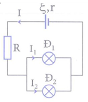 Cho mạch điện như hình vẽ. Nguồn điện có suất điện động xi  = 24V và điện trở trong . Trên các bóng đèn lần lượt có ghi 12V - 6W và 12V - 12W. Điện trở thuần có giá trị R = 3Omega (ảnh 2)