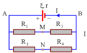 Cho mạch điện như hình vẽ. Trong đó r = 2 omega, r1 = 1 omega, r2 = 4 omega ; r3 = 3 omega , r4 = 8 omega à {U_{MN} = 1,5V. Điện trở của dây nối không đáng kể. Suất điện động của nguồn là: (ảnh 1)