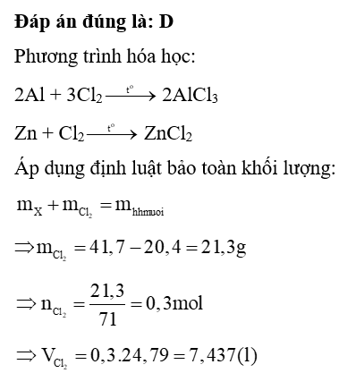 Đốt cháy hoàn toàn 20,4 gam hỗn hợp X gồm Al, Zn trong khí chlorine dư, thu được 41,7 gam hỗn hợp muối.  (ảnh 1)
