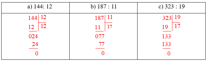 Tính phép tính:: a) 144 : 12 b) 187 : 11 c) 323 : 19 (ảnh 1)