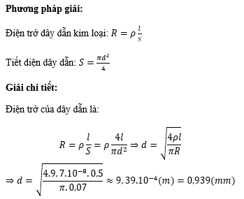 Dây dẫn trong một đầu dò chưa sử dụng có điện trở là 0,07Ω và chiều dài là 0,50 m. Biết điện trở suất của kim loại trong dây dẫn bằng 9,7.10^-8 Ωm. Tính đường kính của dây dẫn (Đơn vị: mm, kết quả lấy đến ba chữ số có nghĩa). (ảnh 1)