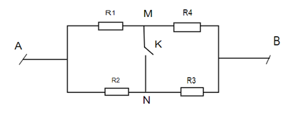 Cho mạch điện như hình vẽ, UAB = 20V không đổi. Biết điện trở của khóa K không đáng kể. R1= 2Omega , R2= 1Omega , R3= 4Omega ,R4 = 6Omega. Tính cường độ dòng điện qua các điện trở trong các trường hợp: (ảnh 1)