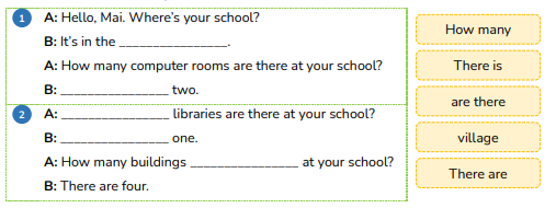Look and complete. A: Hello, Mai. Where’s your school? B: It’s in the ________________. A: How many computer rooms are there at your school? B: ________________ two. (ảnh 1)