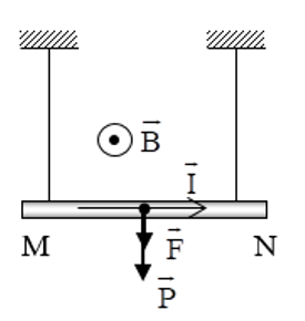 Treo đoạn dây dẫn MN có chiều dài l = 25 cm, khối lượng của một đơn vị chiều dài là 0,04 kg/m bằng hai dây (ảnh 3)