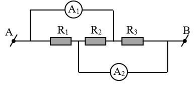 Cho đoạn mạch điện như hình vẽ. Trong đó các điện trở R1) = 2 Ω, R_2 = 3 Ω, R_3 = 6 Ω, các ampe kế có điện trở không đáng kể. Hiệu điện thế giữa hai đầu đoạn mạch U_{AB}}= 6 V. Tìm số chỉ của các ampe kế. (ảnh 1)