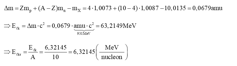 Hạt nhân 10 Be 4 có khối lượng 10,0135 amu. Khối lượng của neutron mn = 1,0087 amu, của proton mp = 1,0073 amu (ảnh 1)