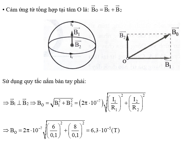 Hai khung dây dẫn hình tròn giống hệt nhau, có bán kính 10 cm, mang dòng điện I1 = 6 A;I2 = 8A. (ảnh 1)