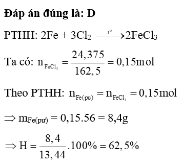 Nung 13,44 gam sắt với khí chlorine. Sau khi kết thúc phản ứng, khối lượng sản phẩm thu được là 24,375 gam.  (ảnh 1)