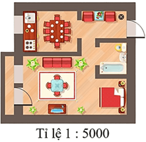 Quan sát hình vẽ sơ đồ nhà bạn Hoa và cho biết: Ngôi nhà trên được vẽ với tỉ lệ nào? Tỉ lệ đó cho ta biết điều gì? (ảnh 1)