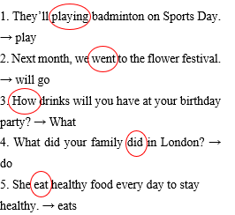 Circle ONE mistake in each sentence. Then correct it.They’ll playing badminton on Sports Day. (ảnh 2)