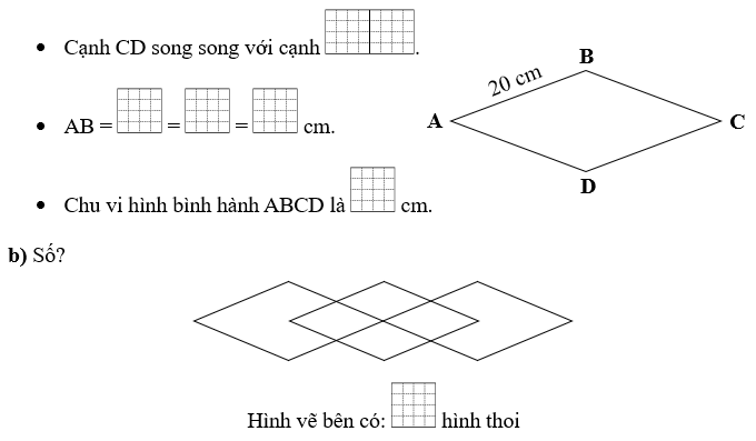 Điền vào ô trống cho thích hợp. a) Cho hình thoi ABCD như hình bên: (ảnh 1)