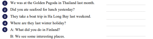 Circle ONE mistake in each sentence. Then correct it.  We was at the Golden Pagoda in Thailand last month. ____________________ (ảnh 1)