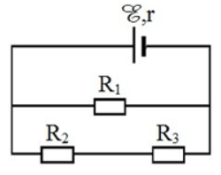 Cho mạch điện như hình bên. Biết E = 12V;r = 1Omega ;{R_1} = 5Omega ;{R_2} = {R_3} = 10Omega . Bỏ qua điện trở của dây nối. Hiệu điện thế giữa hai đầu R_1 là: (ảnh 1)