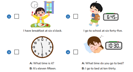 Exercise 9. Look, read and tick (✓) or cross (✗). (ảnh 1)