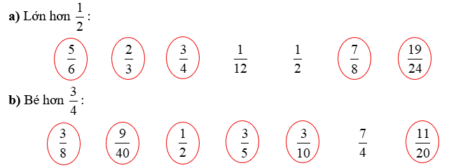 Khoanh tròn vào phân số: a) Lớn hơn 1/2: b) Bé hơn 3/4 : (ảnh 3)