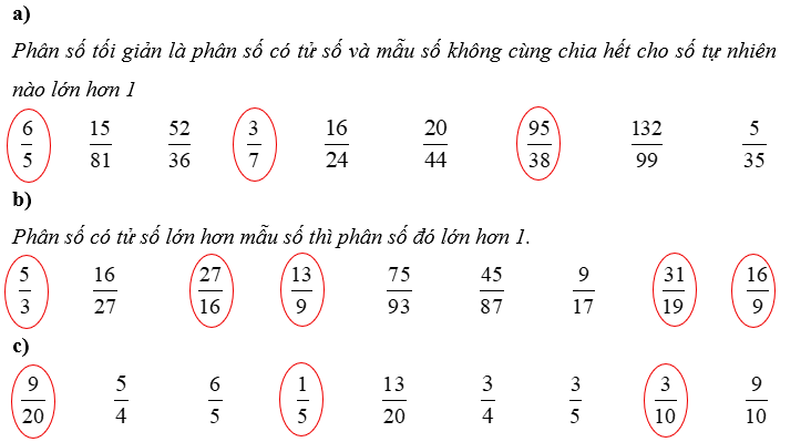 a) Khoanh vào phân số tối giản: 6/5 15/81 52/ 36 3/7 (ảnh 4)