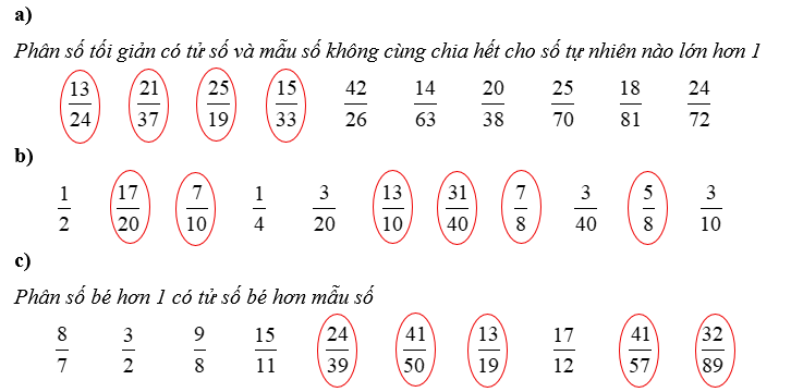 a) Khoanh vào phân số tối giản: b) Khoanh vào phân số lớn hơn phân số : (ảnh 4)