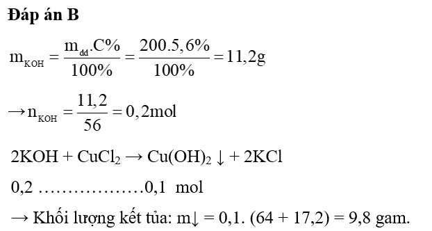 Cho 200g dung dịch KOH 5,6% vào dung dịch CuCl2 dư, sau phản ứng thu được lượng chất kết tủa là (ảnh 1)