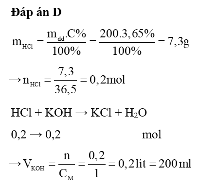 Trung hoà 200g dung dịch HCl 3,65% bằng dung dịch KOH 1M . Thể tích dung dịch KOH  (ảnh 1)