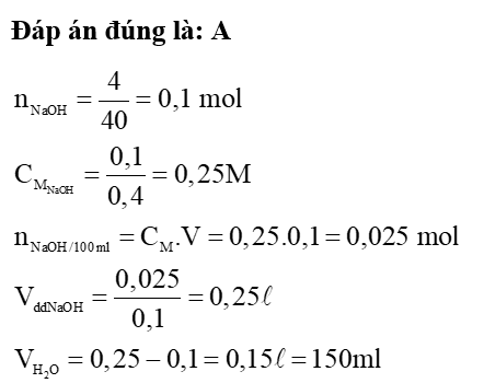 Hòa tan 4 gam NaOH vào nước để được 400 ml dung dịch. Cần thêm bao nhiêu ml nước vào 100 ml dung dịch (ảnh 1)
