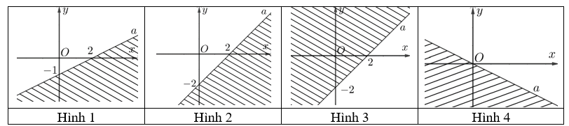 Hình vẽ nào dưới đây (miền không bị gạch chéo, kể cả bờ \(a\)) biểu diễn miền nghiệm của bất phương trình x - y > 2? (ảnh 1)