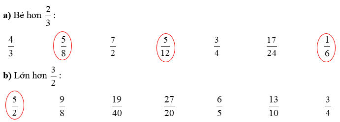 Khoanh tròn vào phân số: a) Bé hơn 2/3: b) Lớn hơn 3/2 : (ảnh 3)