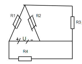 Cho mạch điện như hình vẽ: R1 = 18 omega, r2 = 20 omega, r3 = 30 omega Cường độ dòng điện của mạch chính là 0,5A, \[{U_{R3}}\; = 2,4 V. Tính [R_4} = ? (ảnh 1)