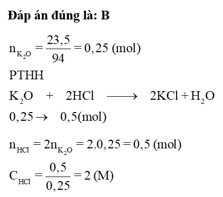 Hòa tan 23,5 gam potassium oxide (K2O) vào 250 ml HCl thu được KCl và H2O. Nồng độ mol (ảnh 1)