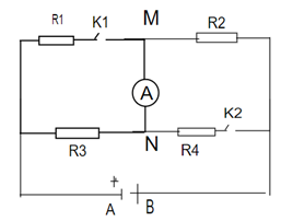 Cho mạch điện như hình vẽ: biết R1 = 12Ω, R3 = 6Ω. Ampe kế, dây nối và khóa K có điện trở không đáng kể. hiệu điện thế giữa 2 đầu AB = 12V  Khi khóa K1 đóng, K2 mở thì ampe kế chỉ 0,5A (ảnh 1)