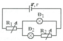 Cho mạch điện như hình vẽ. Biết E = 6,6 V; r = 0,12 Ω. Đèn loại 6V – 3W; đèn loại 2,5V – 1,25W. Điều chỉnh r1 và r2 sao cho hai đèn sáng bình thường. Giá trị của r2 là bao nhiêu? (ảnh 1)