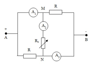 Cho mạch điện như Hình 3. Hiệu điện thế giữa hai đầu mạch không đổi và bằng U. Các ampe kế giống nhau có cùng điện trở {R_A} Giá trị điện trở R = 12Omega ; Rx là biến trở. (ảnh 1)