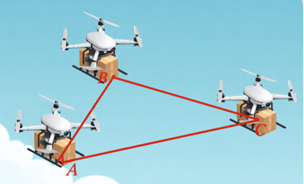 Trên phần mềm mô phỏng việc điều khiển drone giao hàng trong không gian Oxyz, có ba drone giao hàng A, B, C như hình vẽ dưới, đang có toạ độ là A(1; 1; 1), B(5; 8; 9), C(9; 11; 12). (ảnh 1)
