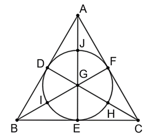 Cho tam giác ABC có D, E, F lần lượt là trung điểm của AB, BC, AC. Gọi G là giao điểm của AE, DC. Gọi I, J, H lần lượt là trung điểm của BG, AG, CG. Trong các điểm A, B, C, D, E, F, G, H, I, J, có tất cả bao nhiêu điểm thuộc đường tròn (G; FG)? (ảnh 1)