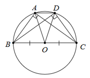 Cho hình thang cân ABCD (AD // BC) có AB = 60 m, AC = 80 m, BC = 100 m. Gọi O là trung điểm của BC. Trong các điểm A, B, C, D, có tất cả bao nhiêu điểm thuộc đường tròn (O; OA)? (ảnh 1)