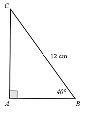 Cho tam gi&aacute;c ABC vu&ocirc;ng tại A c&oacute; BC = 12 cm, \(\widehat B = 40^\circ \). Hỏi chu vi tam gi&aacute;c ABC bằng bao nhi&ecirc;u cm? (L&agrave;m tr&ograve;n đến chữ số thập ph&acirc;n thứ nhất) (ảnh 1)