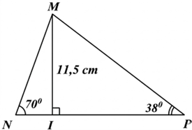 Cho tam gi&aacute;c MNP c&oacute; \(\widehat N = 70^\circ ,\,\,\widehat P = 38^\circ \), đường cao MI = 11,5 cm.    T&iacute;nh độ d&agrave;i của cạnh NP của tam gi&aacute;c MNP (kết quả l&agrave;m tr&ograve;n đến h&agrave;ng phần mười) (ảnh 1)