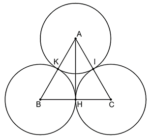 Cho ba đường tròn (A), (B), (C) đôi một tiếp xúc ngoài nhau như hình vẽ. Biết rằng ba đường tròn có đều có đường kính bằng 2 cm. Hỏi độ dài AH bằng bao nhiêu cm? (Làm tròn kết quả đến hàng phần mười). (ảnh 1)