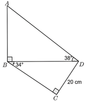 Cho hình vẽ:  Khi đó:  a) BC = 20.sin 34o cm. (ảnh 1)