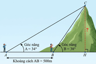 Cho hình vẽ dưới đây  Biết rằng tại hai điểm A, B cách nhau 500 m người ta nhìn thấy đỉnh núi với góc nâng lần lượt là 34° và 38°. Hỏi chiều cao của ngọn núi là bao nhiêu mét? (Kết quả làm tròn đến hàng đơn vị) (ảnh 1)