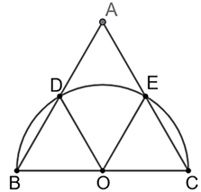 Cho đoạn thẳng BC = 6 m. Vẽ nửa đường tròn tâm O, đường kính BC. Trên nửa đường tròn đó lấy hai điểm D và E sao cho số đo ba cung BD, DE, CE bằng nhau. Gọi A là giao điểm của hai đường thẳng BD và CE. Hỏi độ dài đoạn thẳng AB bằng bao nhiêu m?  (ảnh 1)