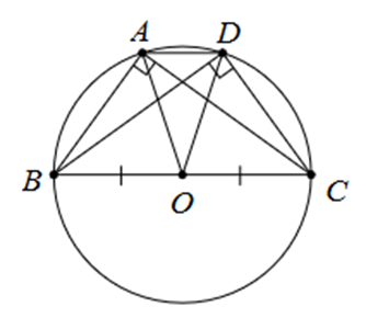 Cho hình thang cân ABCD (AD // BC) có AB = 18 m, AC = 24 m, BC = 30 m. Tính bán kính của đường tròn đi qua bốn điểm A, B, C, D. (Đơn vị: m) (ảnh 1)