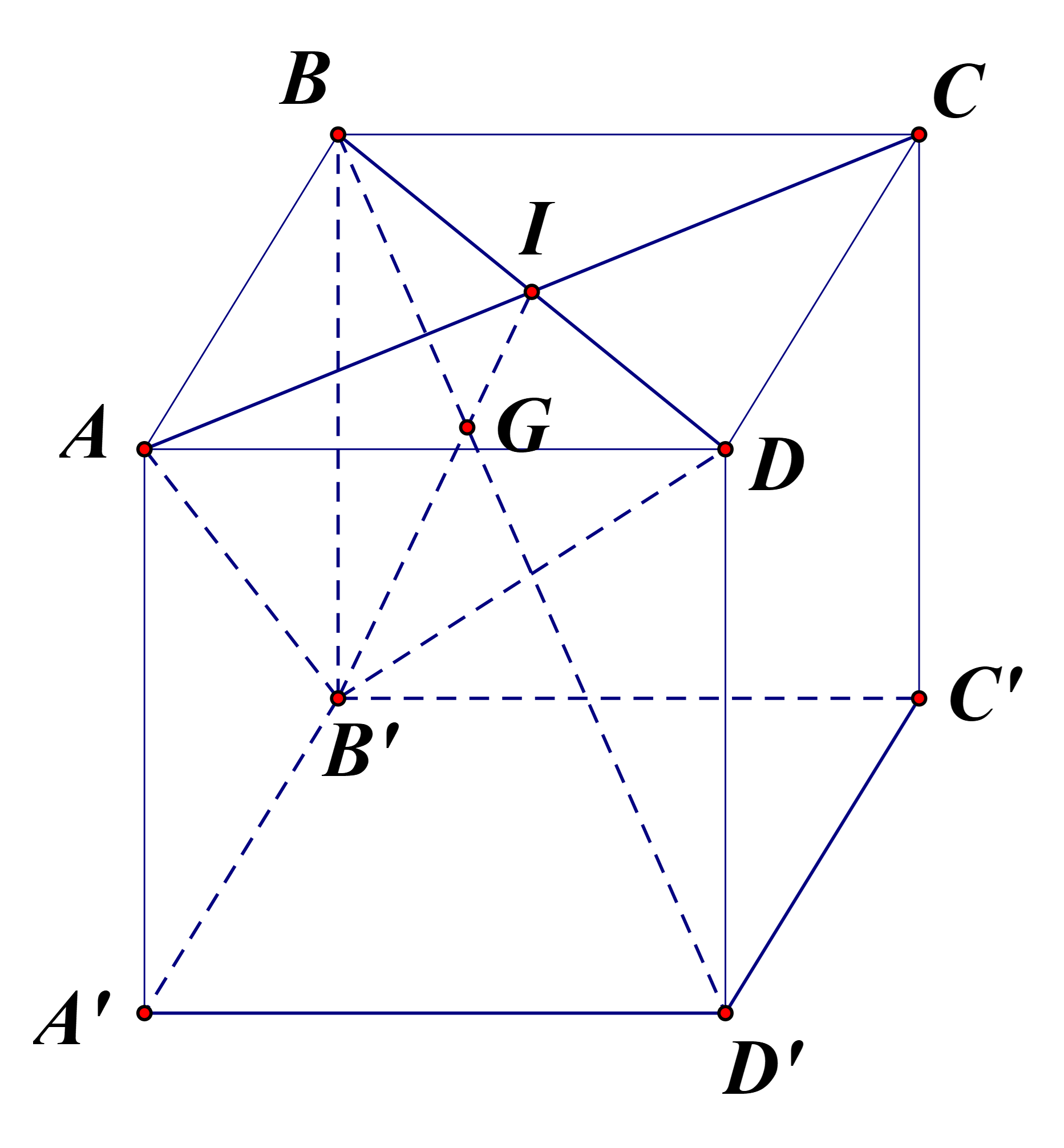 Trong không gian, cho hình lập phương ABCD.A'B'C'D'. Gọi I là tâm hình vuông ABCD. Gọi G là trọng tâm tam giác AB'C. (ảnh 1)