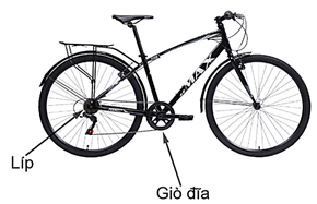 Ba bộ phận truyền chuyển động của một chiếc xe đạp gồm một giò đĩa (bánh răng gắn với bàn đạp), một chiếc líp (cùng có dạng bánh răng gắn) với bánh xe và bộ xích (hình vẽ). Biết giò đĩa có bán kính 16 cm,  (ảnh 1)
