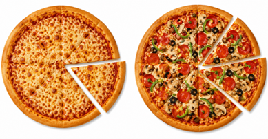 Có hai chiếc bánh pizza hình tròn. Chiếc bánh thứ nhất được chia thành 6 miếng đều nhau có dạng hình quạt tròn. Chiếc bánh thứ hai được chia thành 8 miếng đều nhau có dạng hình quạt tròn. (ảnh 1)