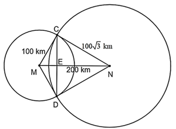 Hai trạm phát sóng M và N đặt cách nhau 200 km. Trạm phát sóng M và trạm phát sóng N có bán kính hoạt động lần lượt là 100 km và 100 căn 3 km. Hỏi diện tích của khu vực có thể đặt thiết bị thu sóng  (ảnh 2)