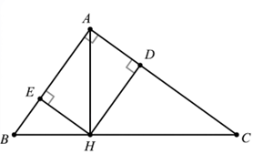 Cho tam gi&aacute;c ABC vu&ocirc;ng tại A, đường cao AH với AB = 9 cm, AC = 12 cm. Gọi E, D lần lượt l&agrave; h&igrave;nh chiếu vu&ocirc;ng g&oacute;c của H tr&ecirc;n AB, AC. Khi đ&oacute;:  a) BH = 5,4 cm. (ảnh 1)