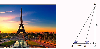 Trong lần đến tham quan tháp Eiffel (ở thủ đô Paris, Pháp), bạn Vân muốn ước tính độ cao của tháp. Sau khi quan sát, bạn Vân đã minh họa lại kết quả đo đạt ở mình bên.  Khi đó:  (ảnh 1)