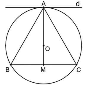 Cho đường tròn (O) và ba điểm A, B, C thuộc đường tròn đó sao cho AB = AC. Gọi M là trung điểm của BC. Qua A kẻ đường thẳng d song song với BC, khi đó: a) AM là đường cao của tam giác ABC. (ảnh 1)